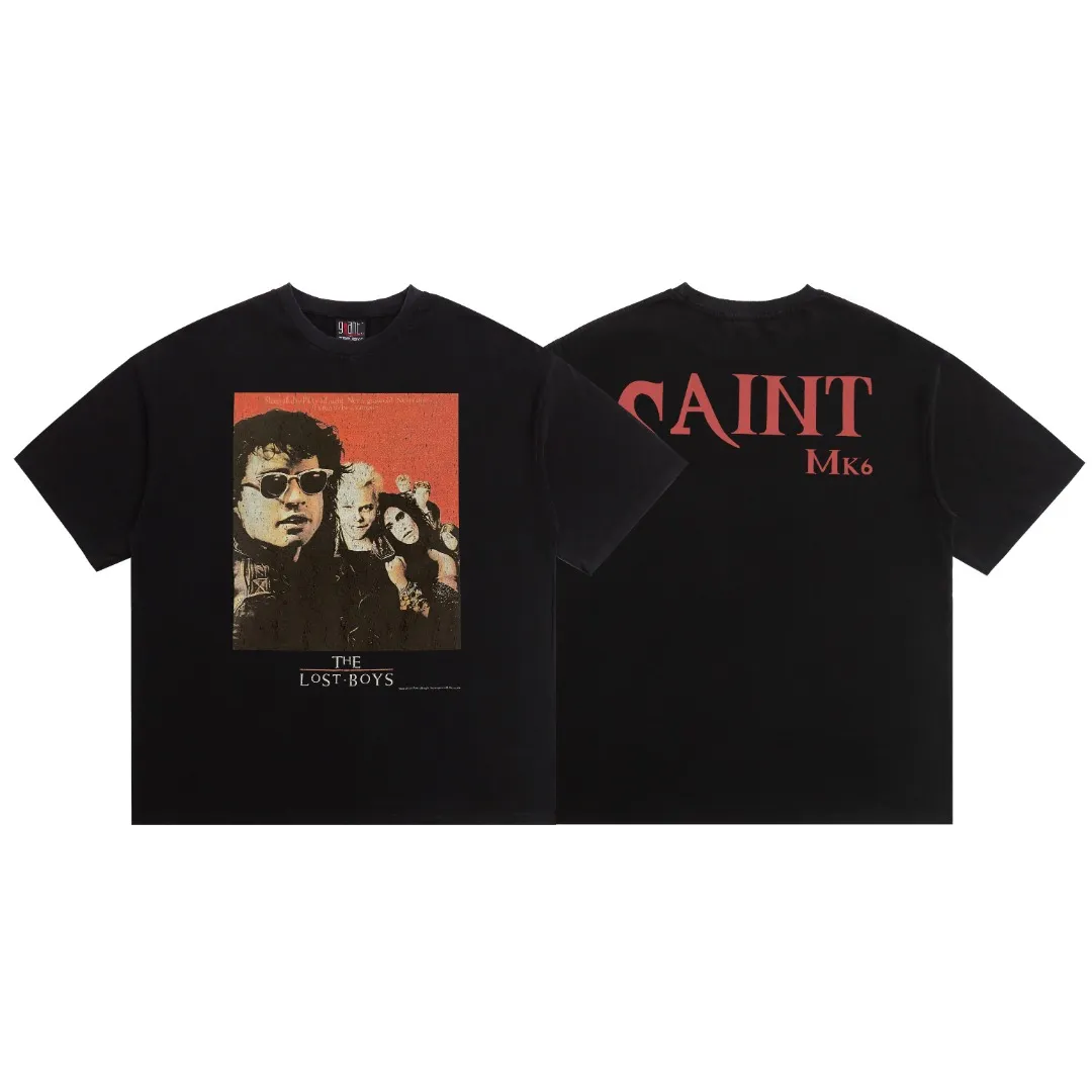 American fashion Saint Michael lost boy print retro washed and distressed Vintage loose short sleeves. Digital white ink direct printing. The fabric is breathable and the pattern is three-dimensional and clear. Fabric: Double yarn 240g Style number: S821 Size: S-M-L-XL Color: Washed black Price: P118